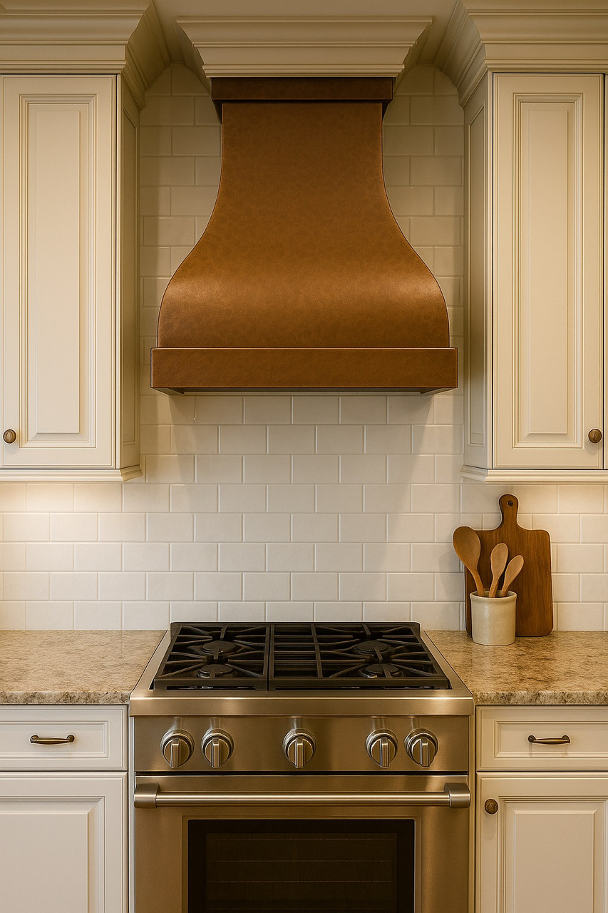 Large custom hammered copper kitchen range hood in a transitional kitchen with warm patina and broad bell canopy