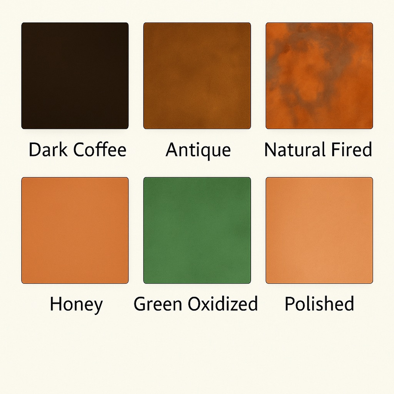 Six patina finish options for a large smooth copper kitchen hood: coffee, antique, natural, honey, oxidized, hand-polished