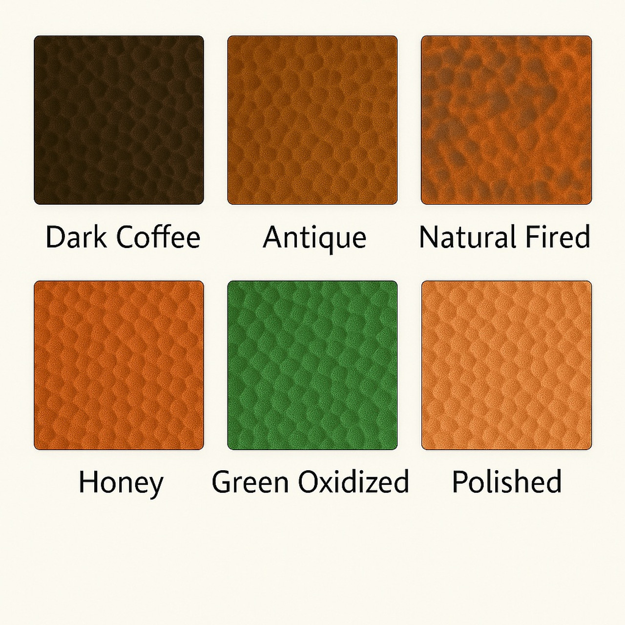 Six patina finish options for a large hammered copper kitchen hood: coffee, antique, natural, honey, oxidized, hand-polished