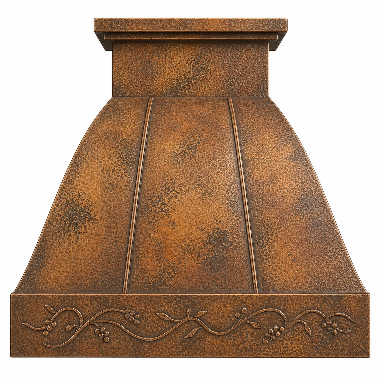 Hammered copper range hood with stepped crown, vertical straps, embossed apron, and warm patina