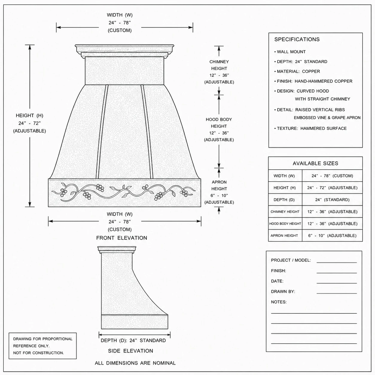 Proportional drawing of hammered copper range hood with stepped crown, straps, and apron relief