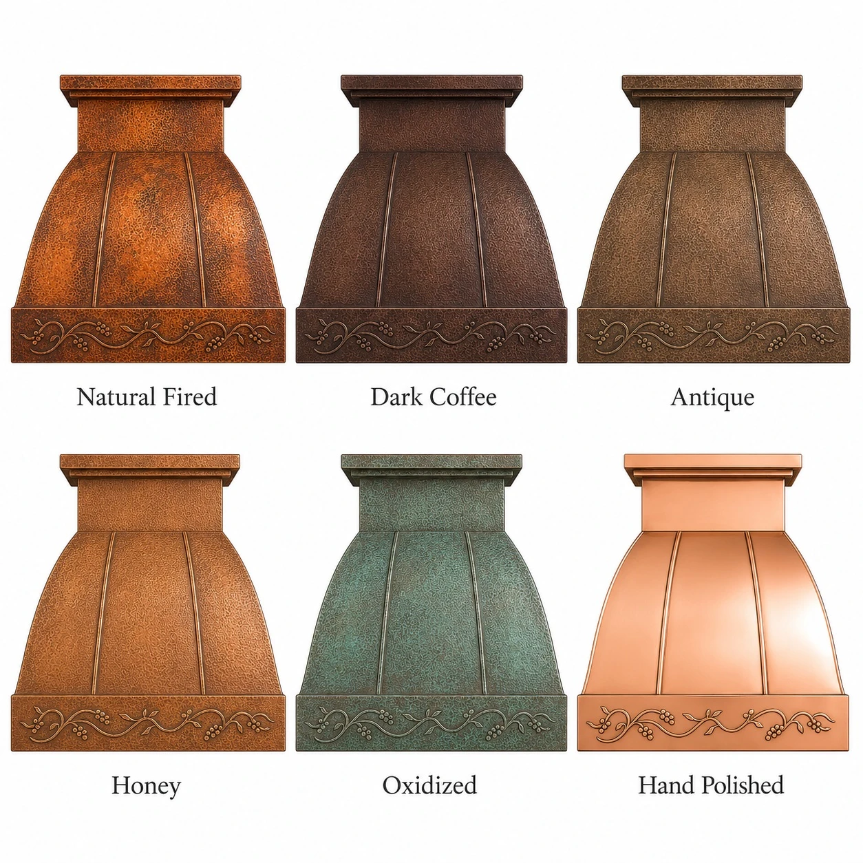 Patina finish options for hammered copper range hood with stepped crown and straps