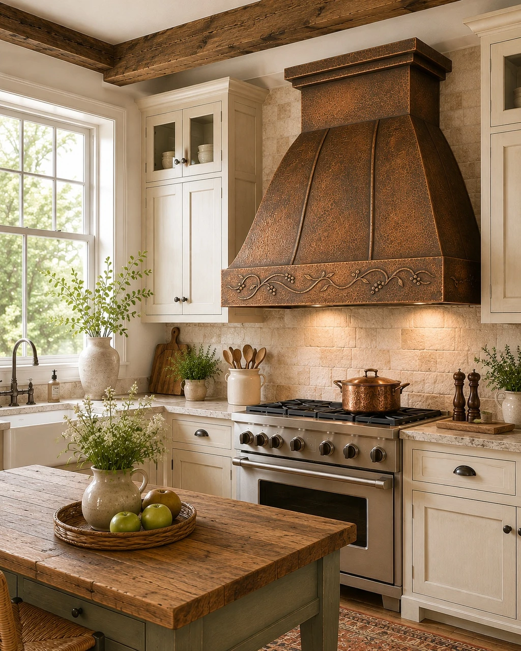 Farmhouse kitchen with hammered copper range hood, stepped crown, and raised straps