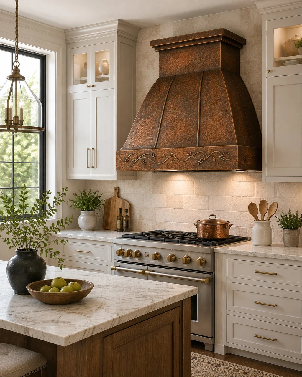 Transitional kitchen with hammered copper range hood, stepped crown, and vertical straps