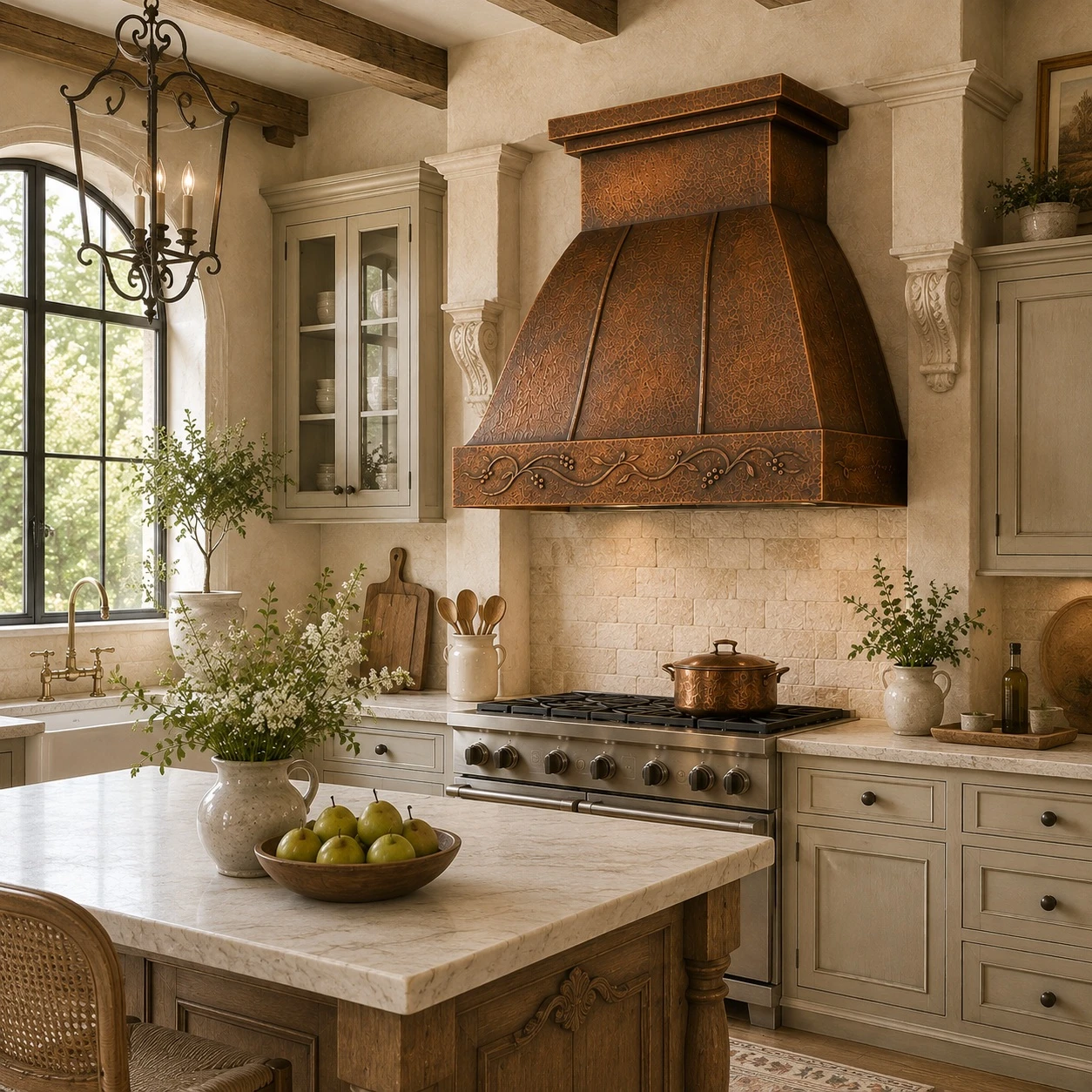 Hammered copper range hood in French Country kitchen with limestone, warm wood and muted cabinetry
