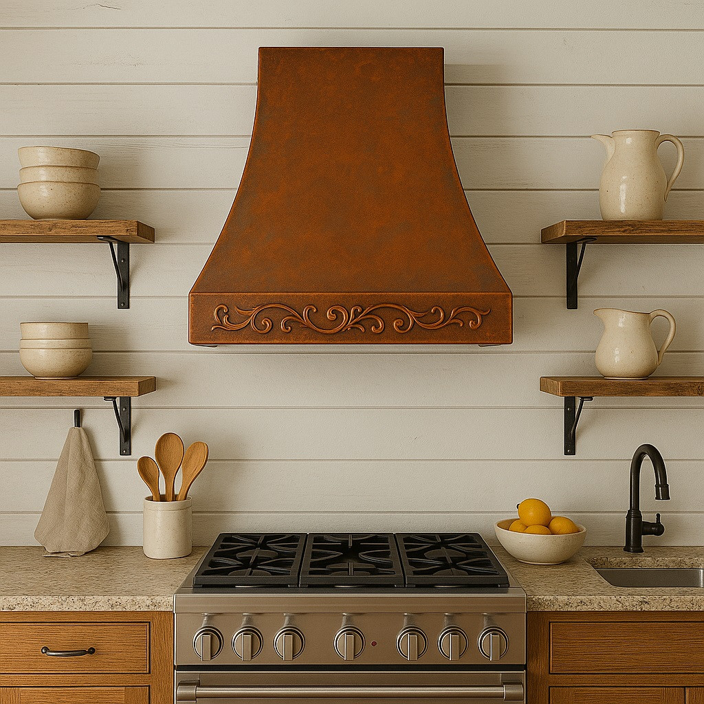 Sloping copper range hood in a farmhouse kitchen