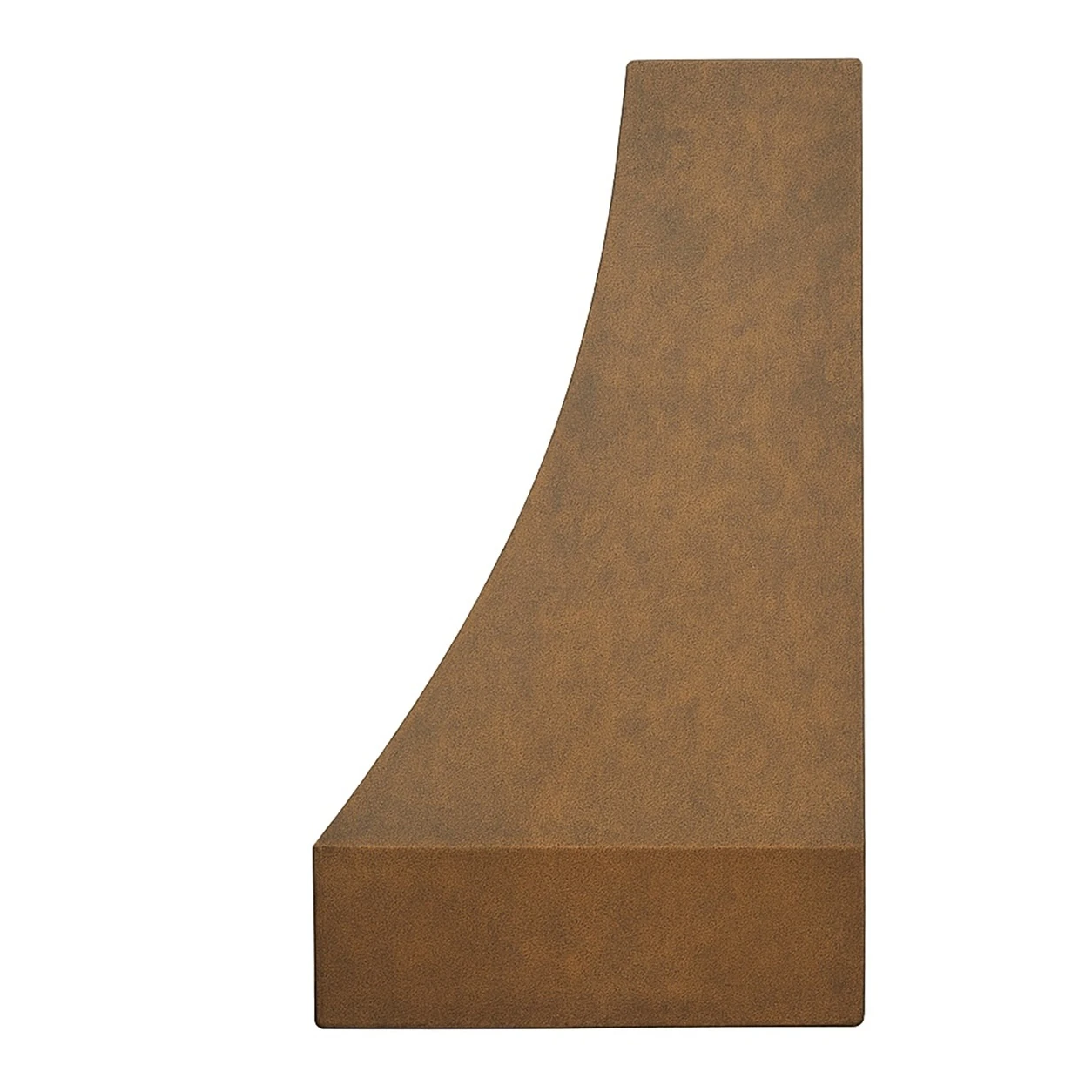 Side view of hand-hammered bell copper range hood showing deep curved canopy and antique patina