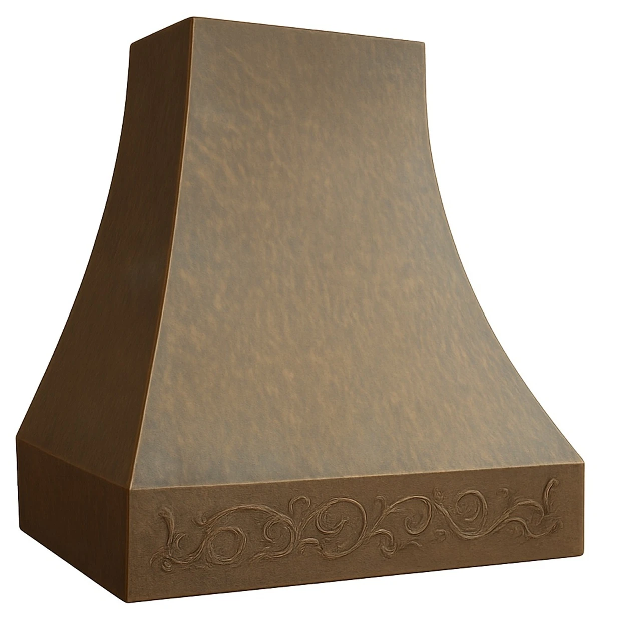 Angled view of hand-hammered bell copper range hood showing curved canopy and decorative copper apron
