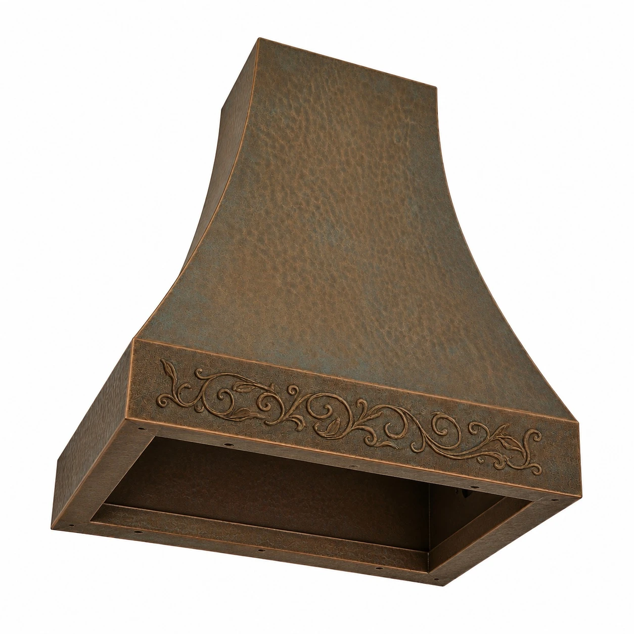 Underside view of hand-hammered bell copper range hood showing open interior prepared for ventilation insert