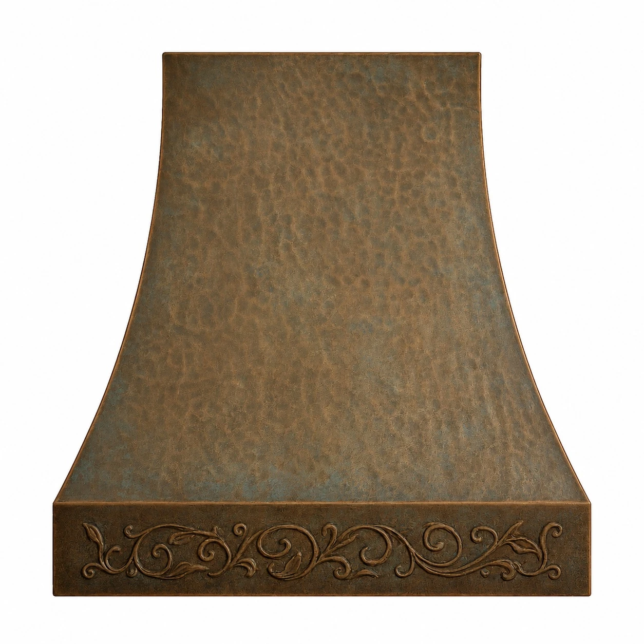 Front view of hand-hammered bell copper range hood with antique patina and ornate foliate apron
