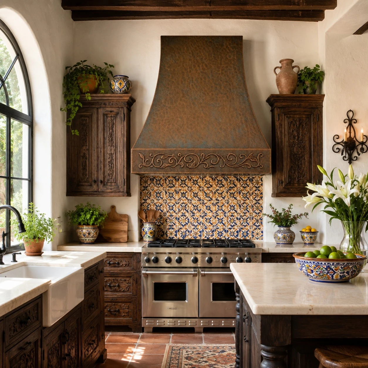 Spanish Colonial kitchen with hand-hammered bell copper range hood and foliate scrollwork