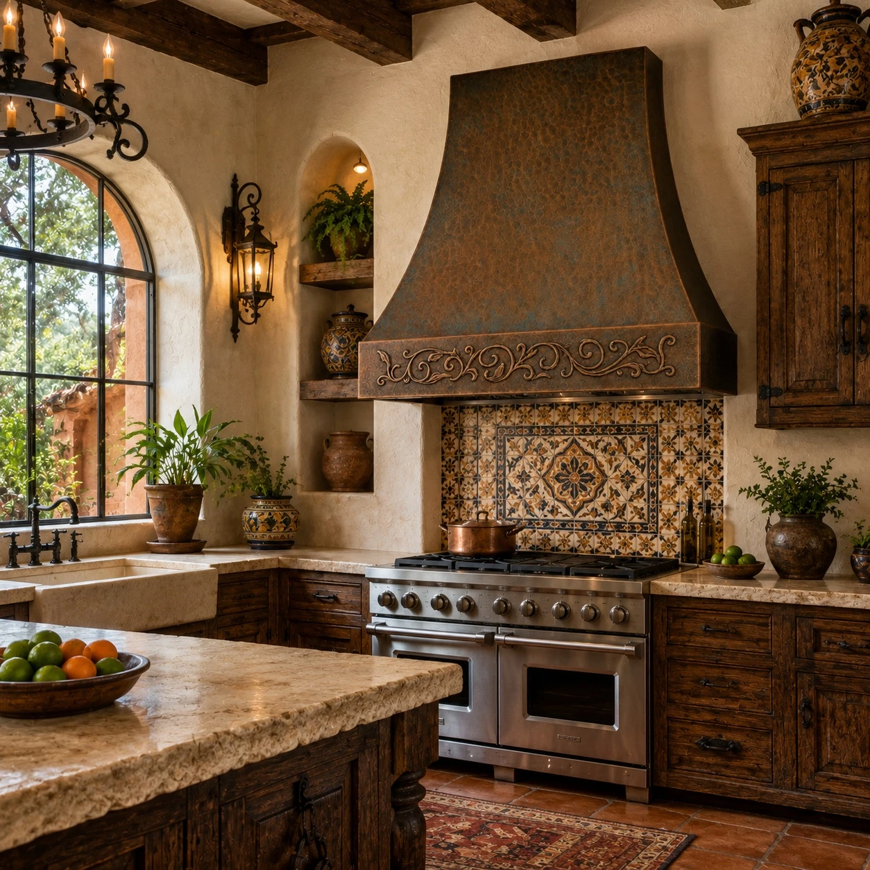 Hacienda kitchen with hand-hammered bell copper range hood, foliate apron, and warm patina