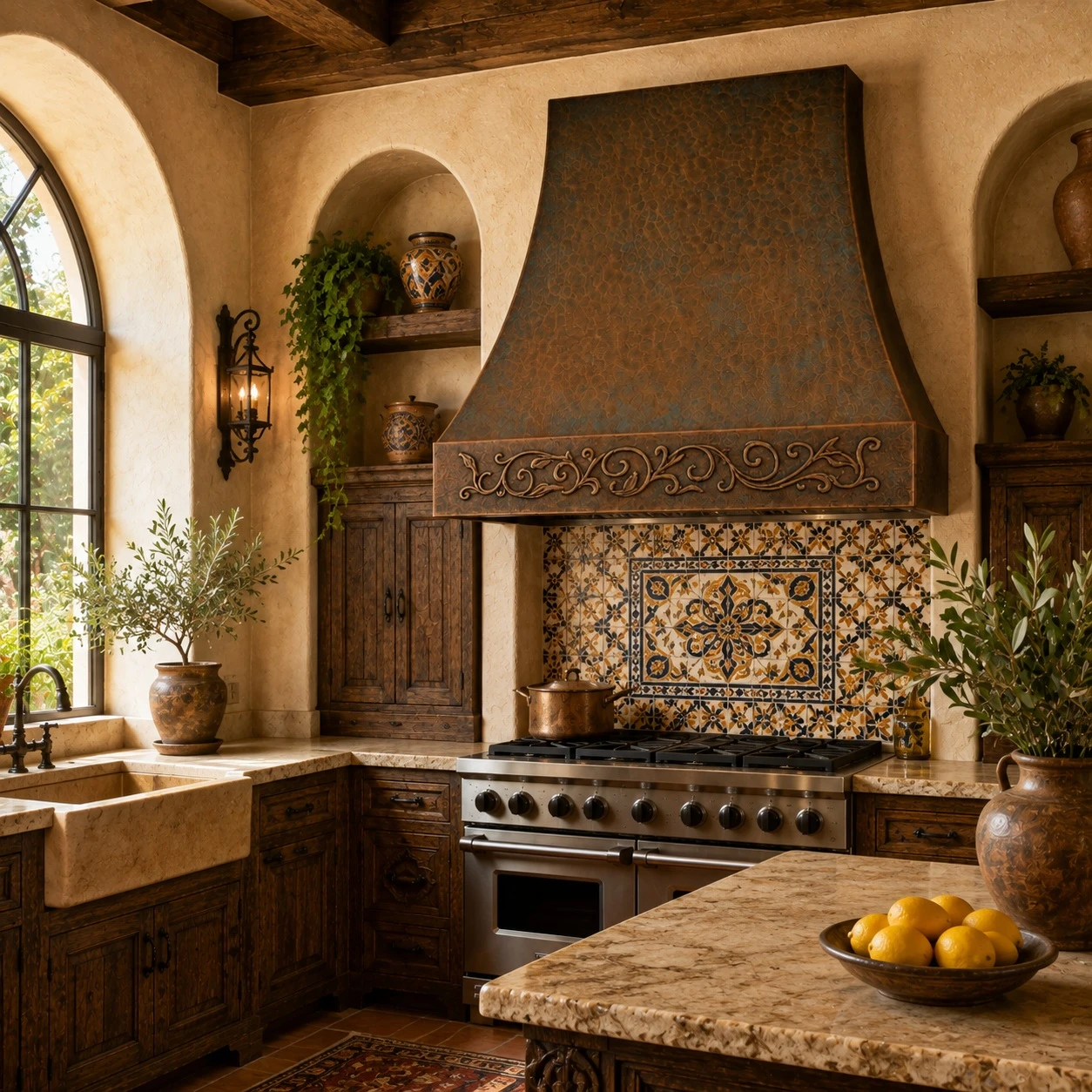 Old-world kitchen with hand-hammered bell copper hood and foliate scrollwork apron