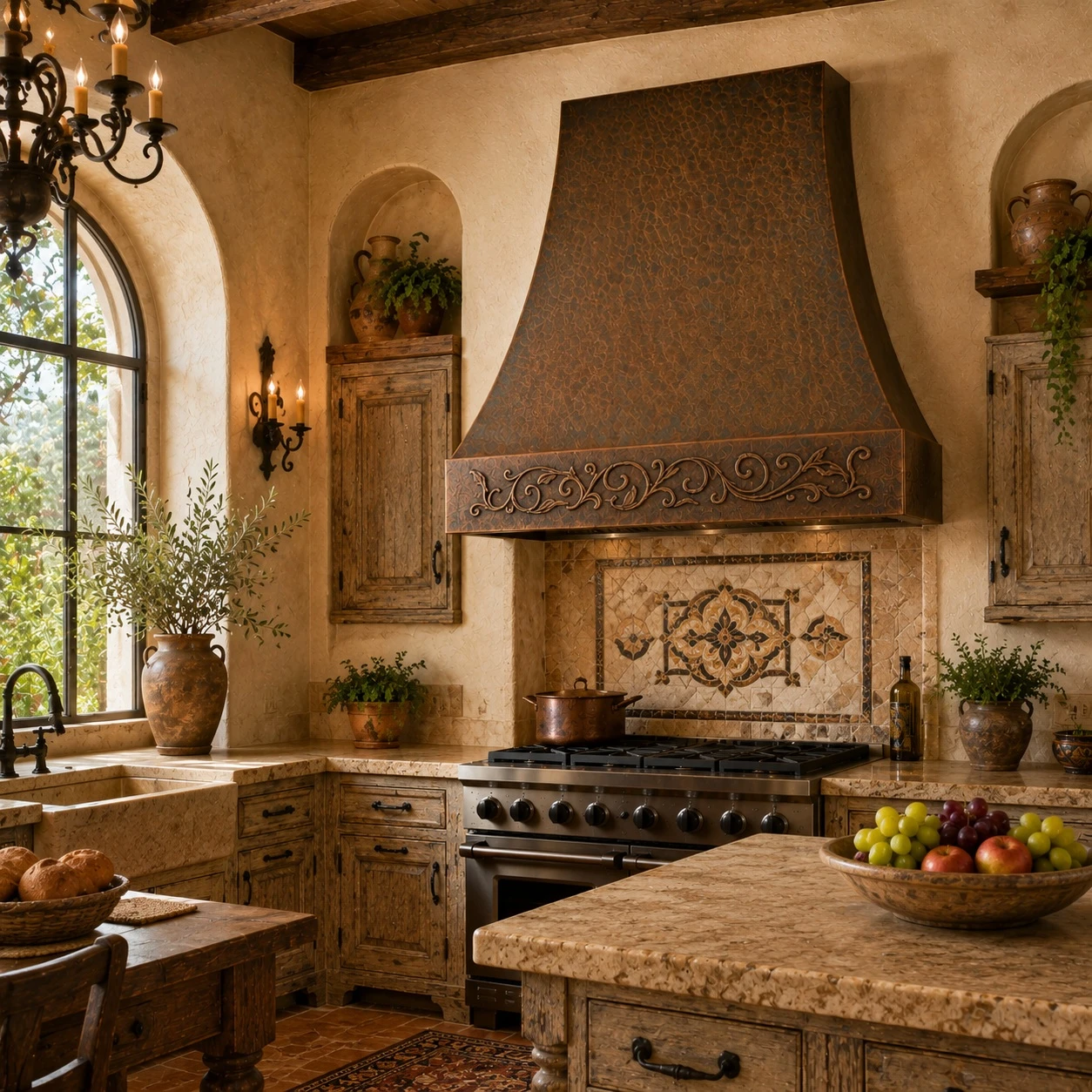 Hand-hammered bell copper range hood in Tuscan kitchen with travertine, distressed wood and warm stone