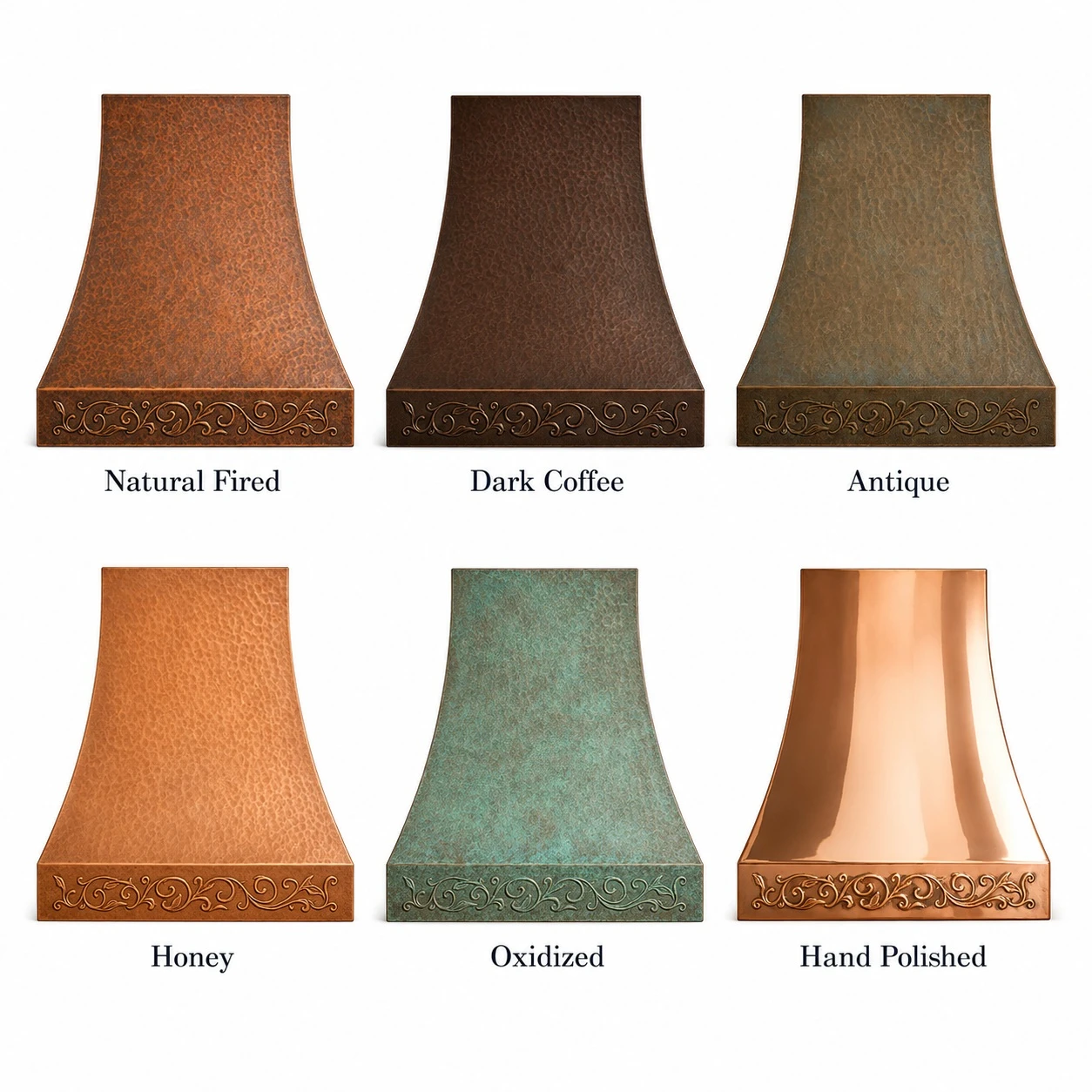 Hand-hammered bell copper range hood shown in six copper patina finishes for comparison