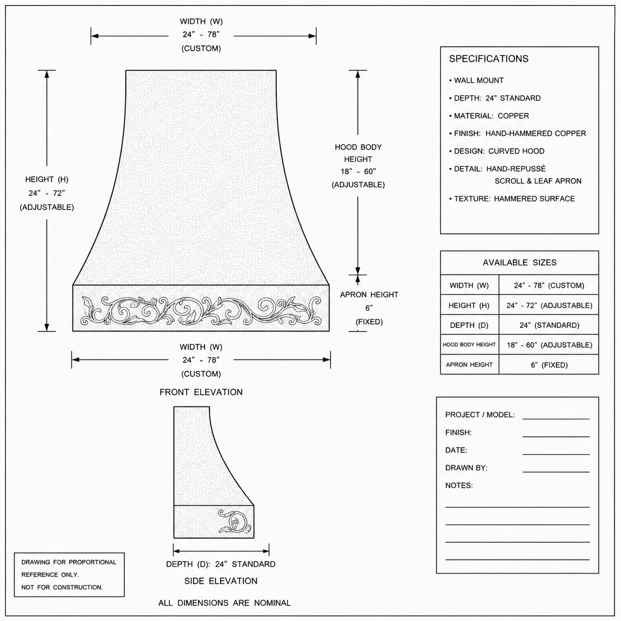 Proportional drawing of hand-hammered bell copper range hood with foliate scrollwork apron