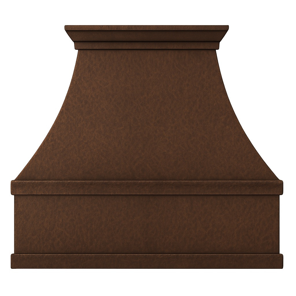 Hammered under-cabinet copper stove hood front view on white background