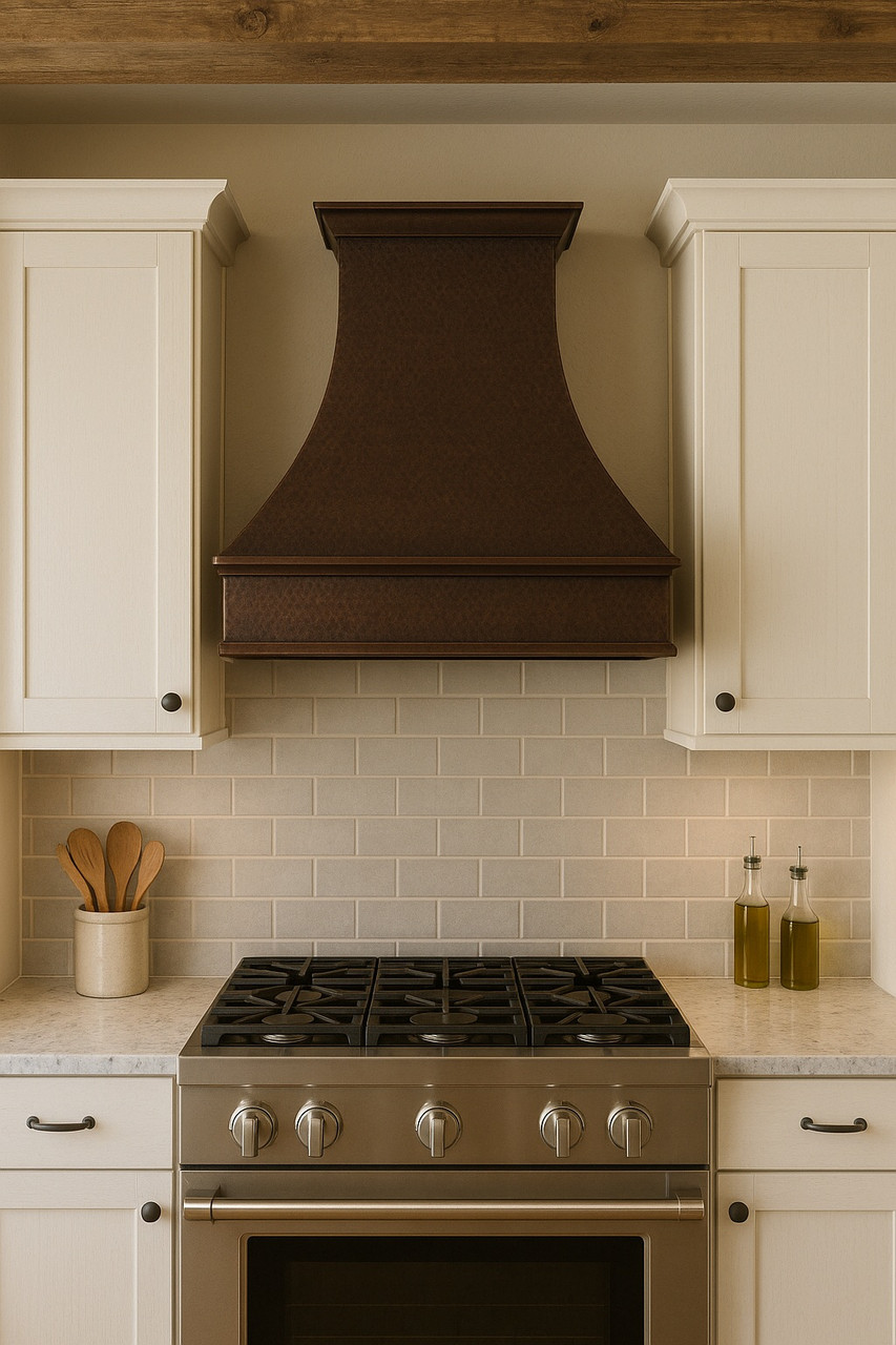 30 inch hammered under-cabinet copper stove hood in a farmhouse kitchen with tapered bell shape and rustic Shaker cabinetry