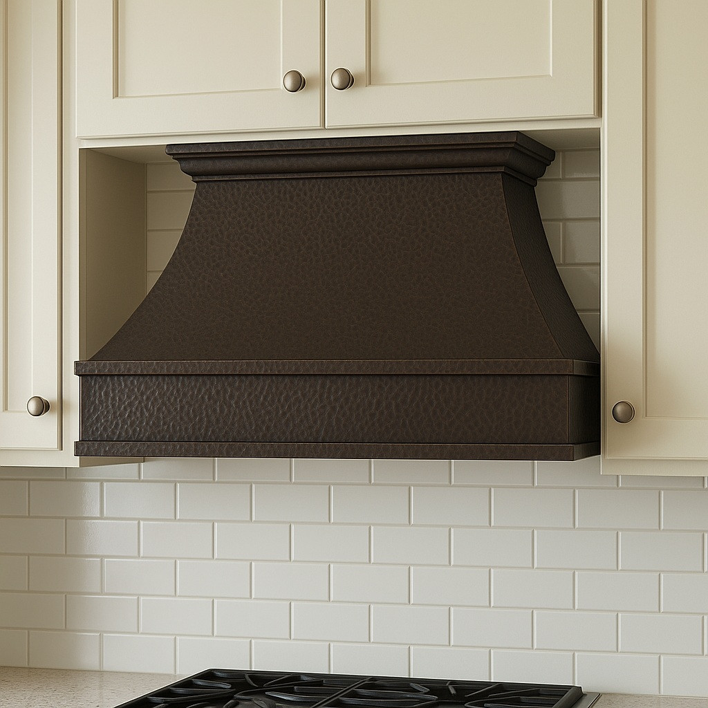 Hammered under-cabinet 30 x 24 inch copper stove hood in a farmhouse kitchen with tapered bell shape, molded crown, and banded trim