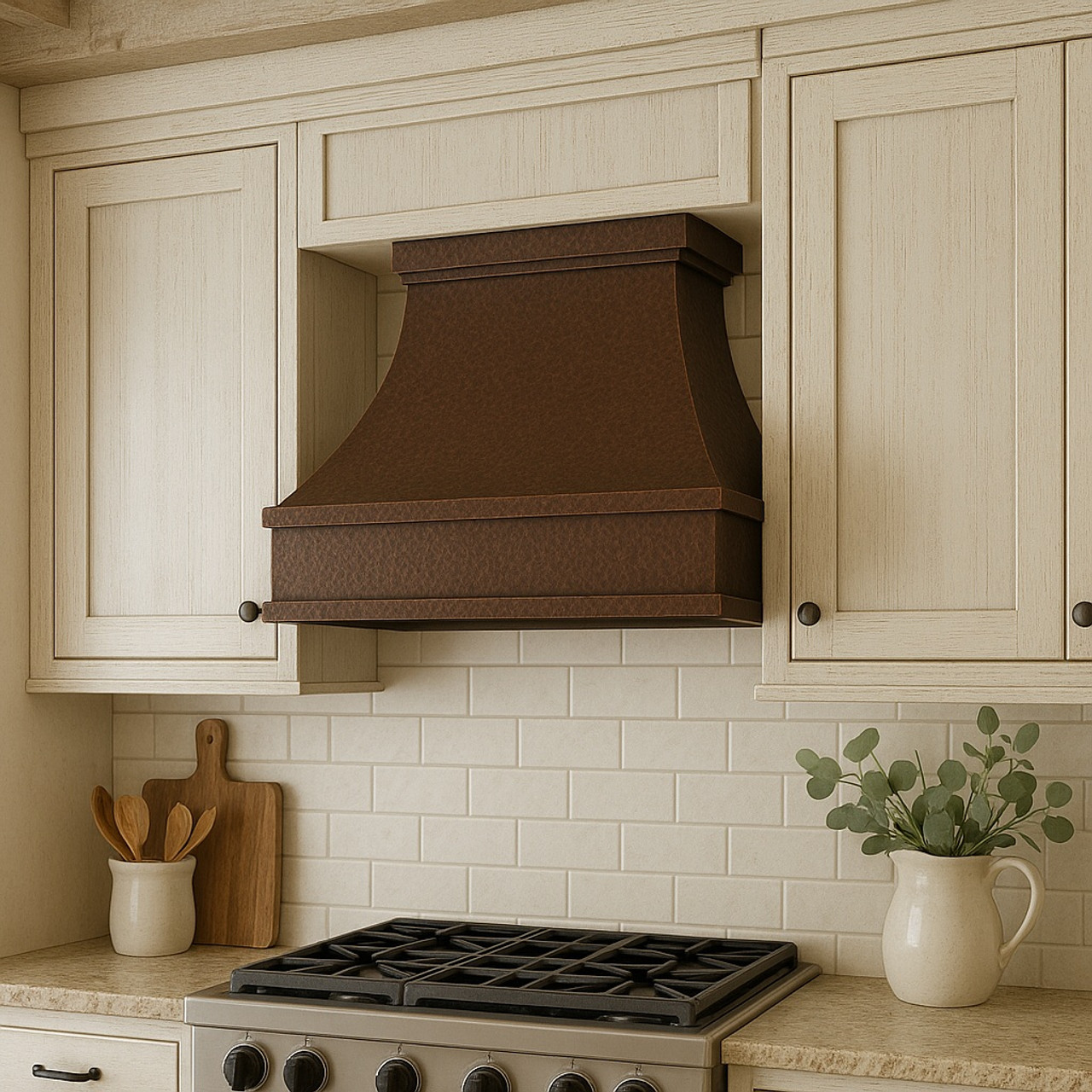 Hammered under-cabinet 36x24 copper stove hood in a transitional kitchen