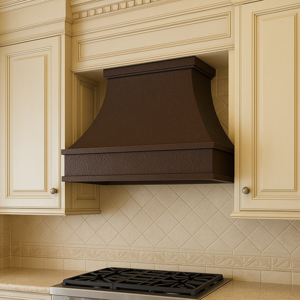 42 x 30 inch hammered under-cabinet copper stove hood in a traditional kitchen with tapered bell shape and raised panel cabinetry 