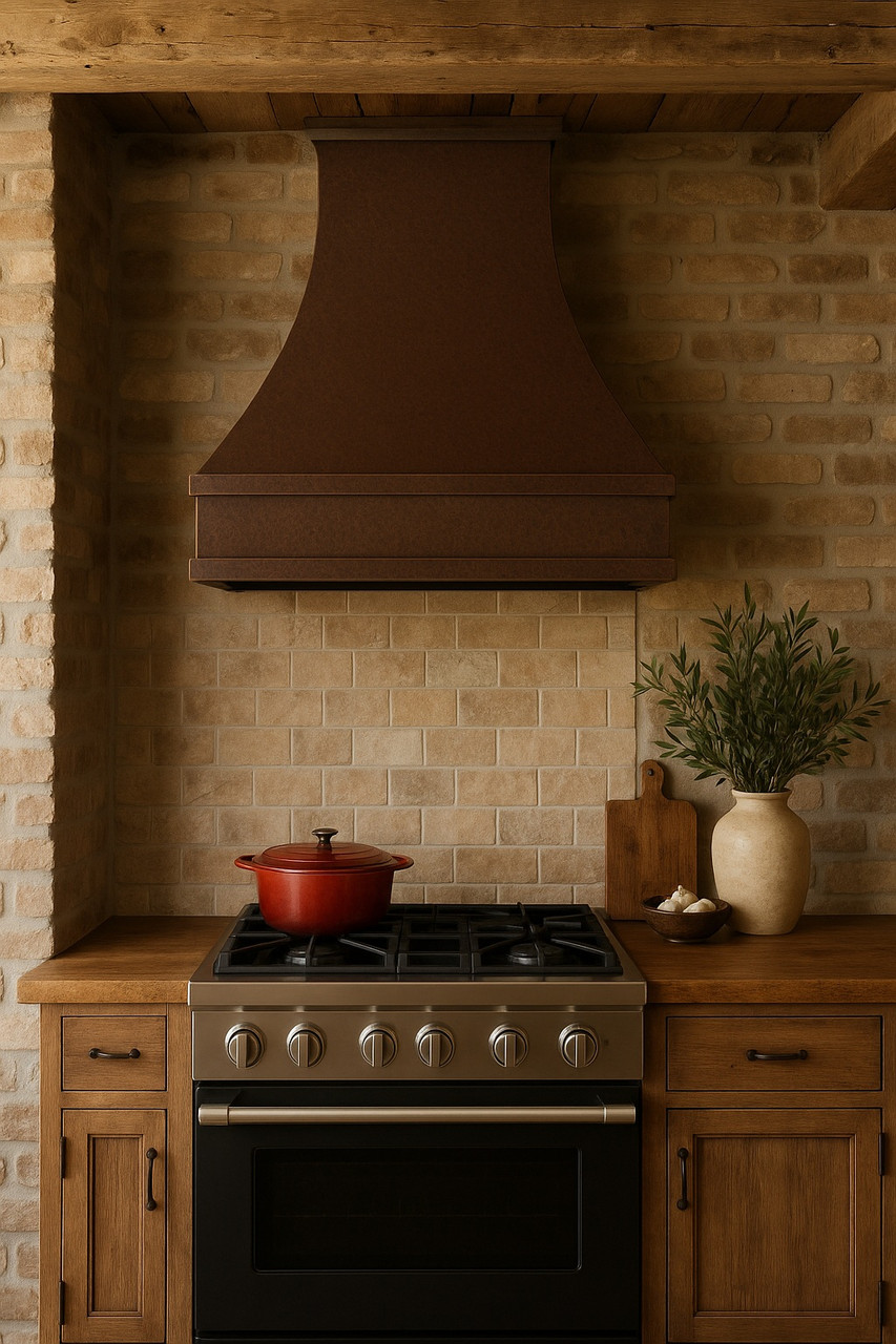 28 x 24 inch hammered under-cabinet copper stove hood in a rustic kitchen with tapered bell shape and distressed wood cabinetry