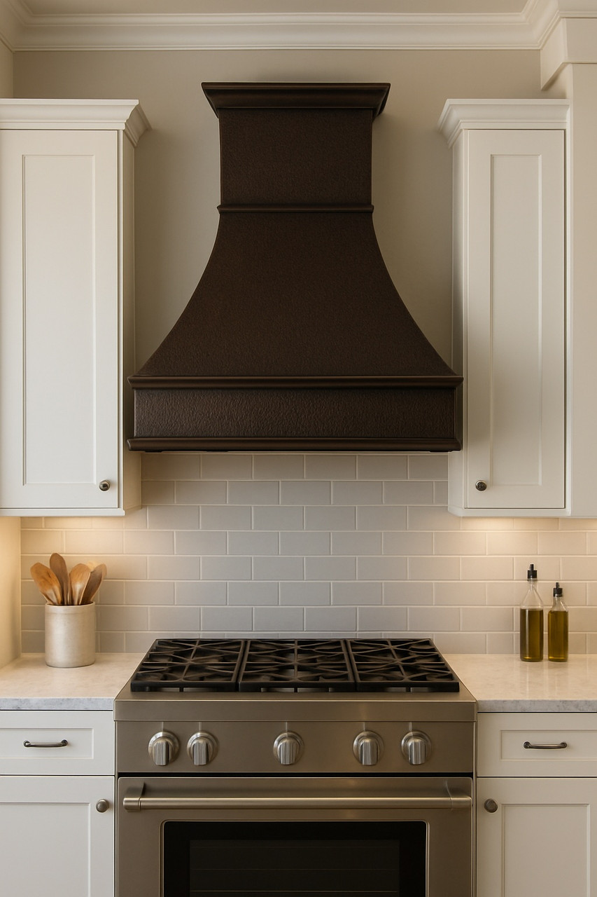 Hammered under-cabinet copper 30 x 42 inch stove hood in a transitional kitchen with tall tapered bell shape and banded trim