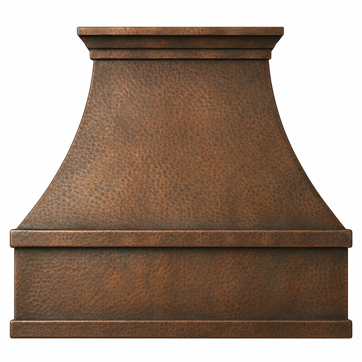 Bell copper range hood with tall plain apron, double folded bends, layered crown, and warm handmade patina