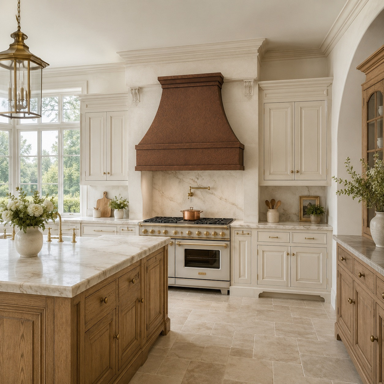 French Provincial kitchen with bell copper range hood, tall apron, and double bends