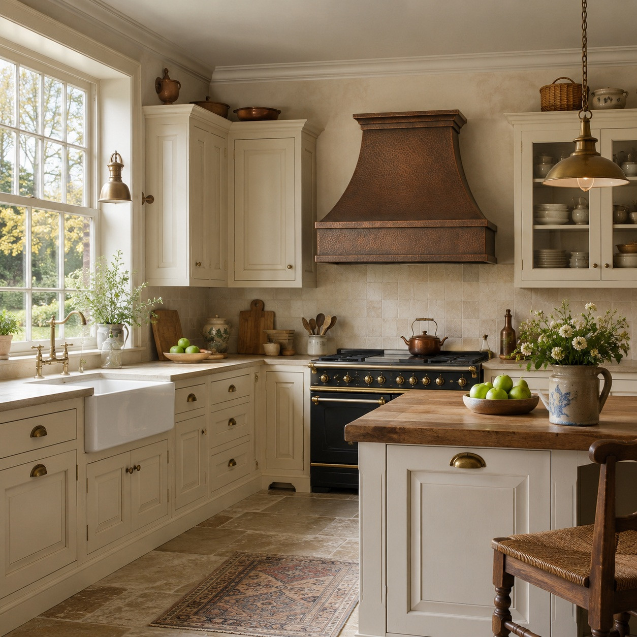 English country kitchen with bell copper range hood, tall apron, and folded copper bends