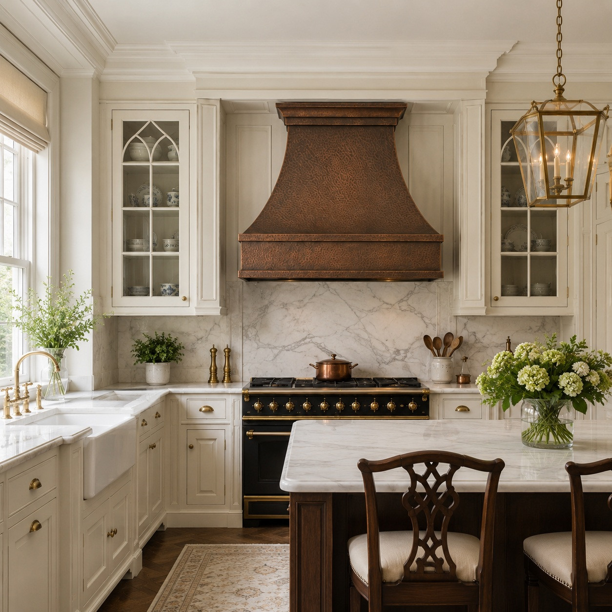 Georgian kitchen with bell copper range hood, tall apron, layered crown, and double bends