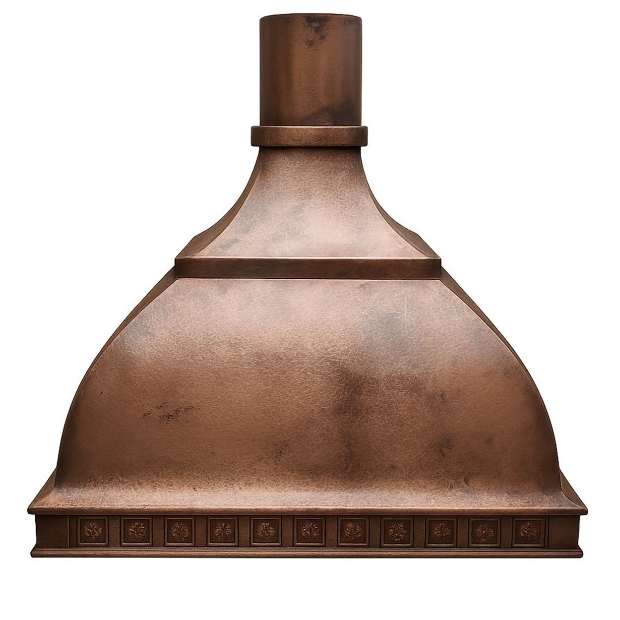 Curved bell copper range hood angled view on white background with paneled apron, rounded shoulders, and cylindrical chimney