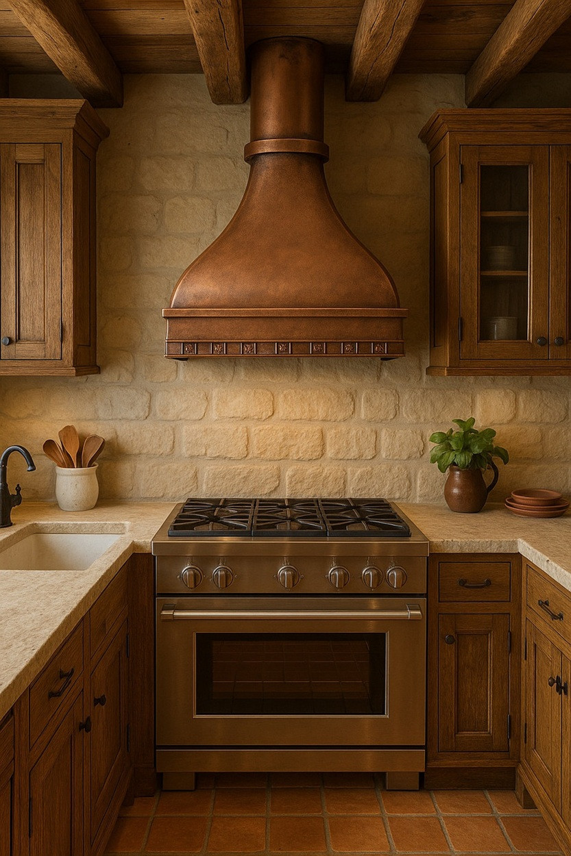 Mediterranean kitchen with curved bell copper range hood, paneled apron, and warm patina