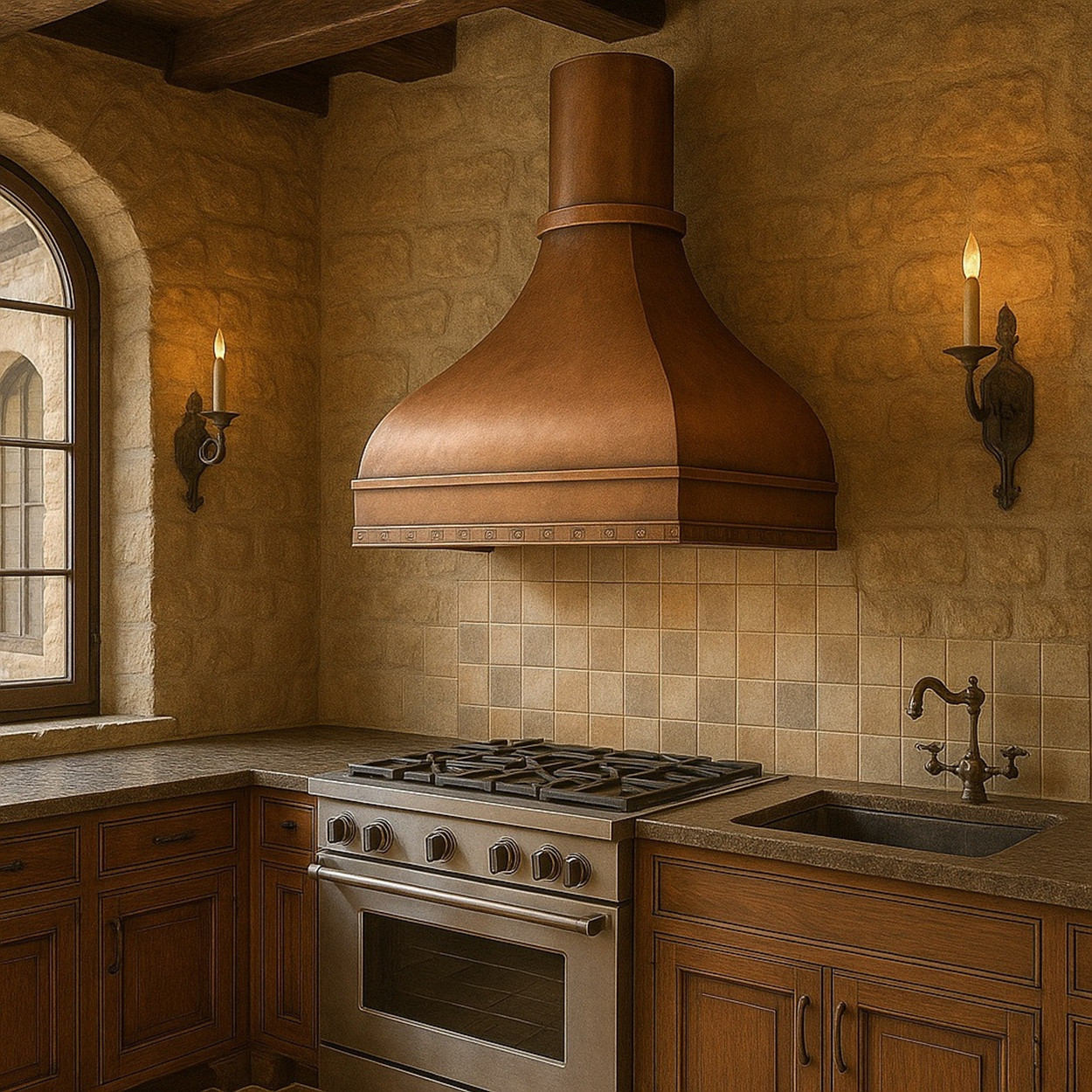 Tuscan kitchen with curved bell copper range hood and paneled apron
