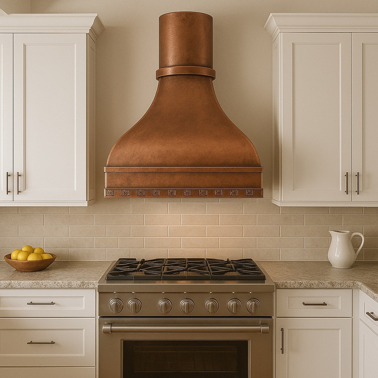 Transitional kitchen with curved bell copper range hood, paneled apron, and warm copper finish