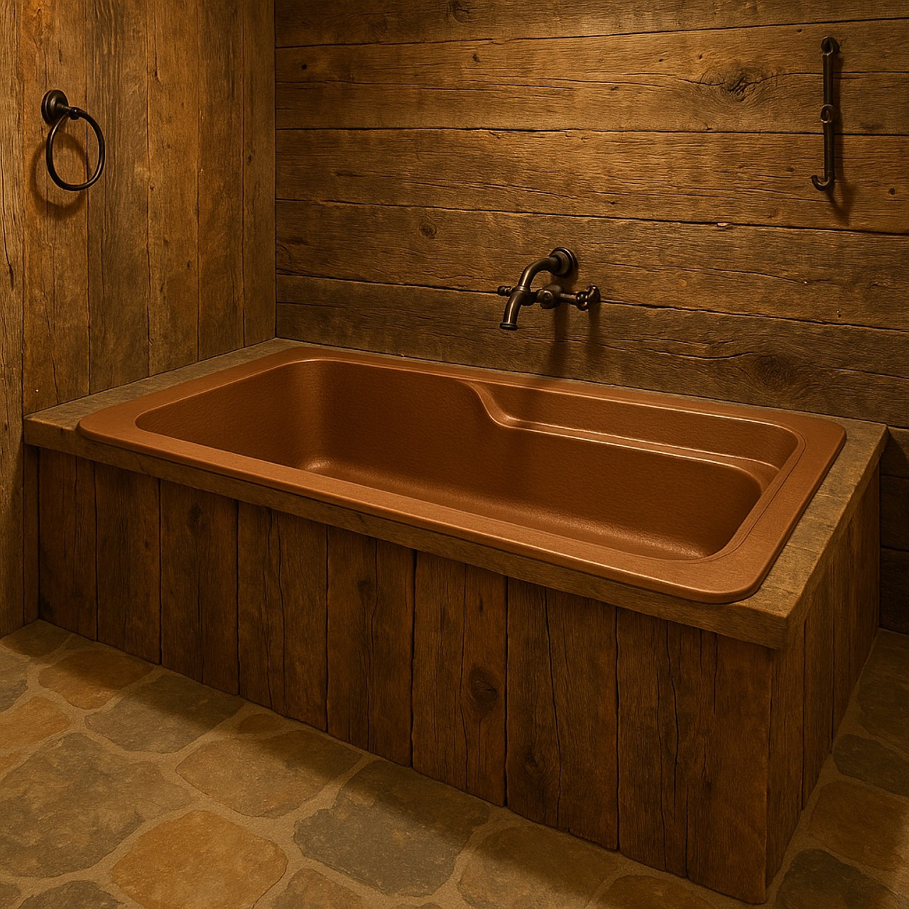 Alcove hammered copper range hood in a rustic style bathroom