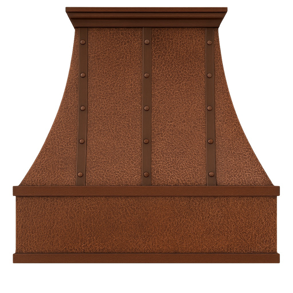 Copper kitchen range hood with riveted straps front view