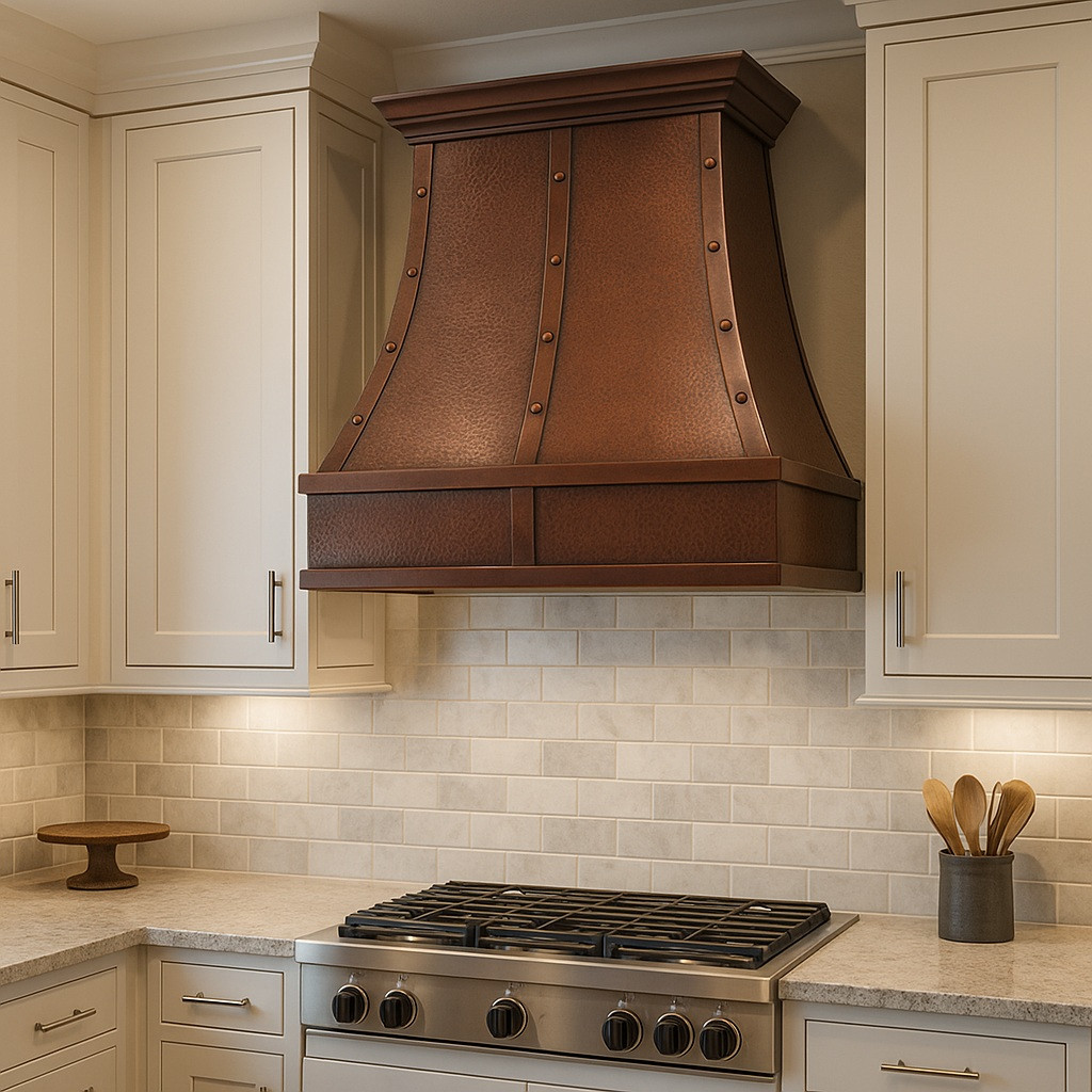 30 inch copper kitchen range hood with riveted straps installed as wall mount in the transitional style kitchen