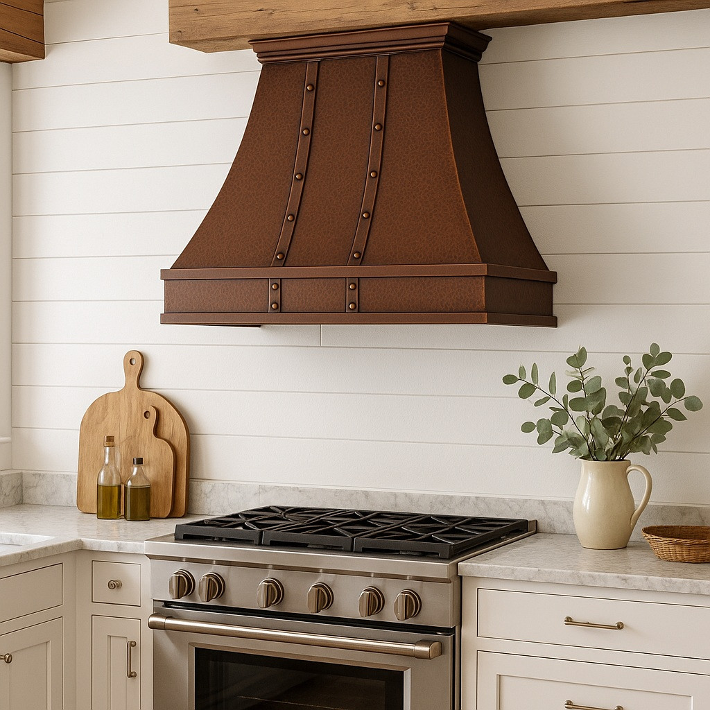 Farmhouse style kitchen with a  copper kitchen range hood with riveted straps