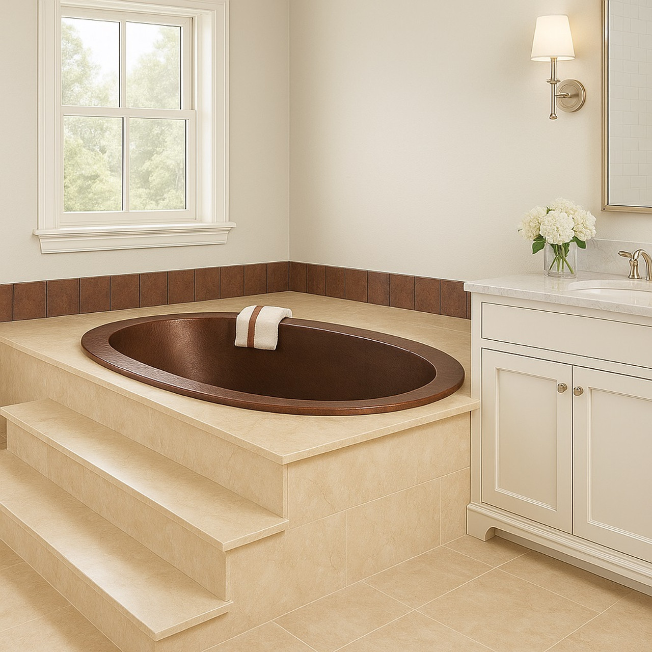 Handcrafted drop-in copper bathtub featured in a transitional bathroom with light vanity, neutral tiles, and natural lighting