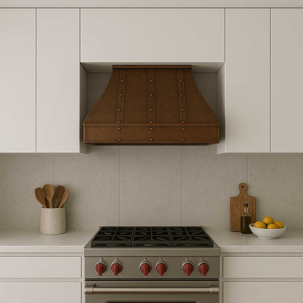 Wall mount hammered copper range hood in modern kitchen above range, warm patina contrasting clean cabinetry and stone backsplash