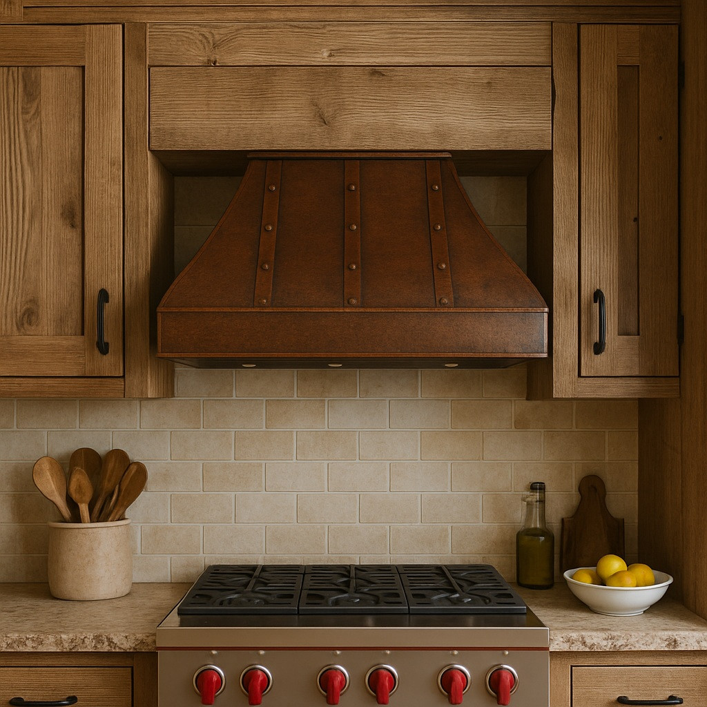 Undercabinet hammered copper range hood in rustic kitchen, warm patina above range with wood beams and stone backsplash

