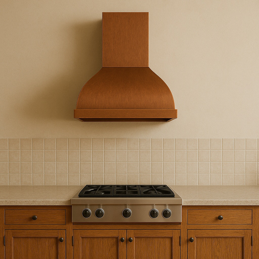 42-inch hand-hammered barrel copper hood above stove in a farmhouse kitchen with Shaker cabinetry and honey patina