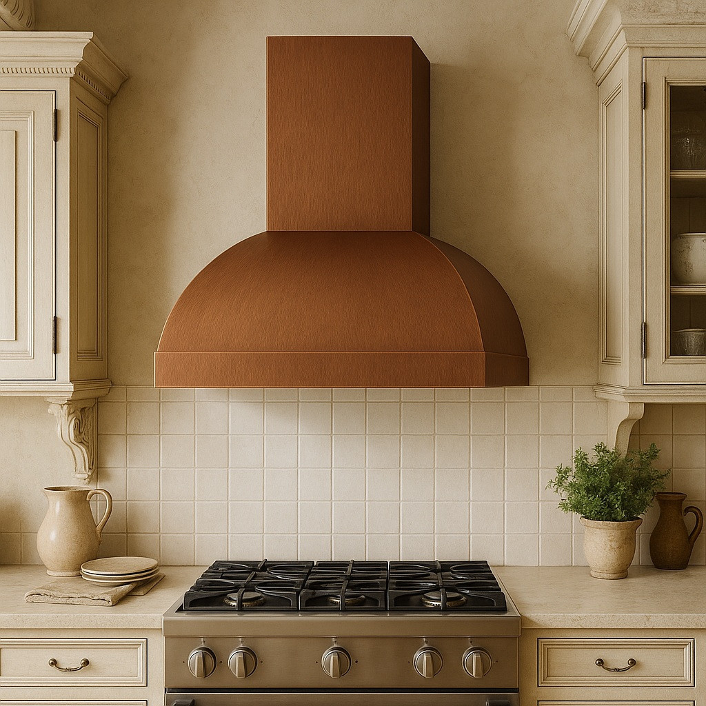 Barrel copper range hood in a French Provincial kitchen with arched canopy, carved wood cabinetry, and antique patina