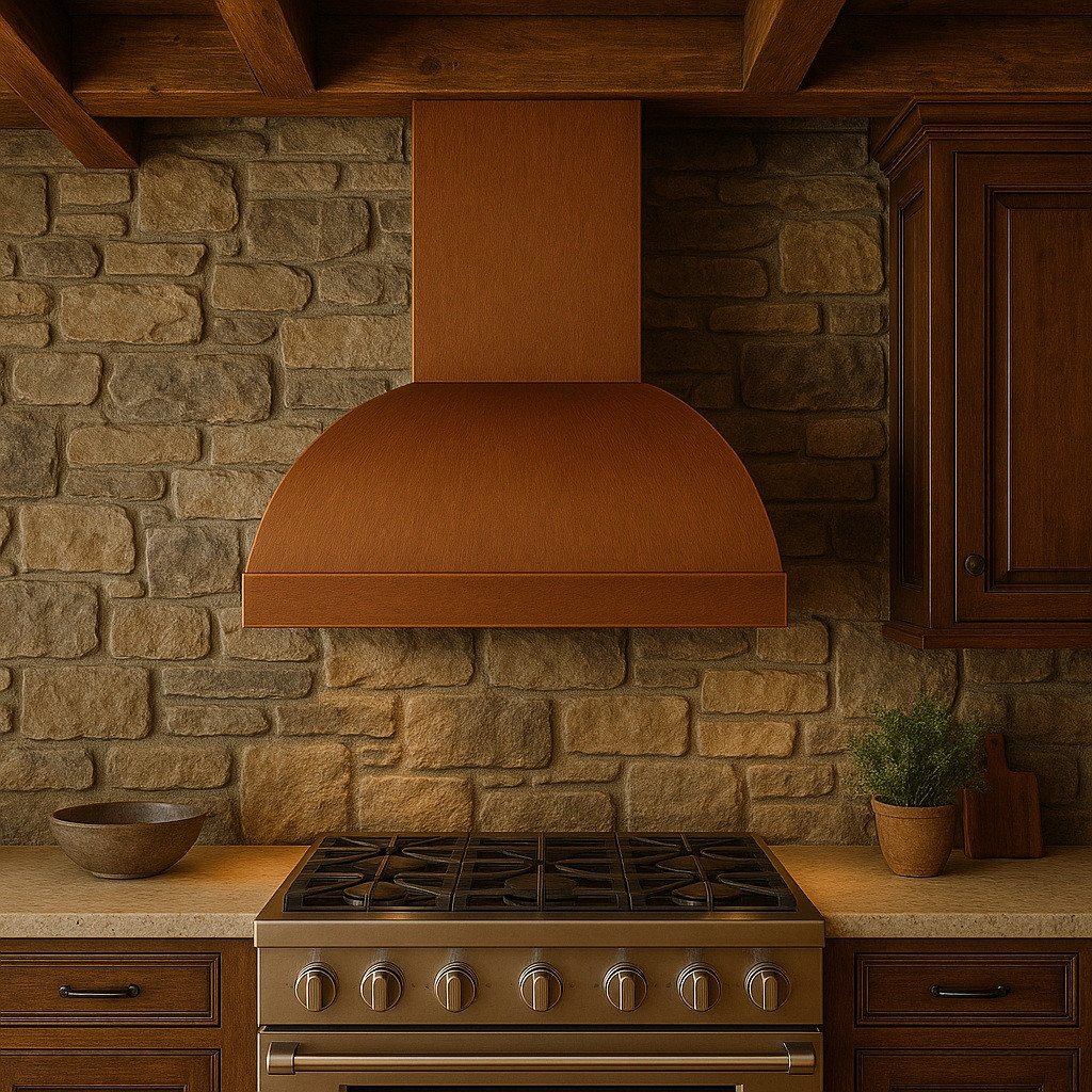 High-end rustic kitchen with a barrel copper range hood, exposed wood beams, stone surfaces, and hammered finish