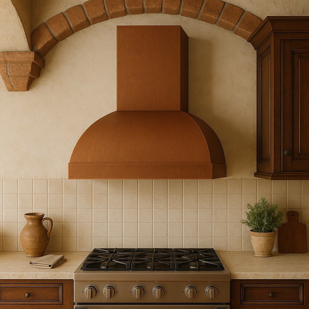 Arched copper range hood with hammered texture in a Spanish Colonial kitchen interior