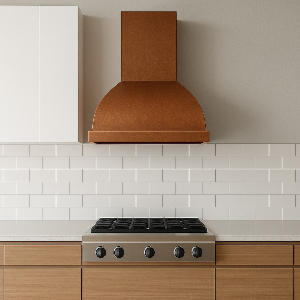 Wall-mount barrel copper range hood in a contemporary kitchen with sleek cabinetry and hand hammered finish