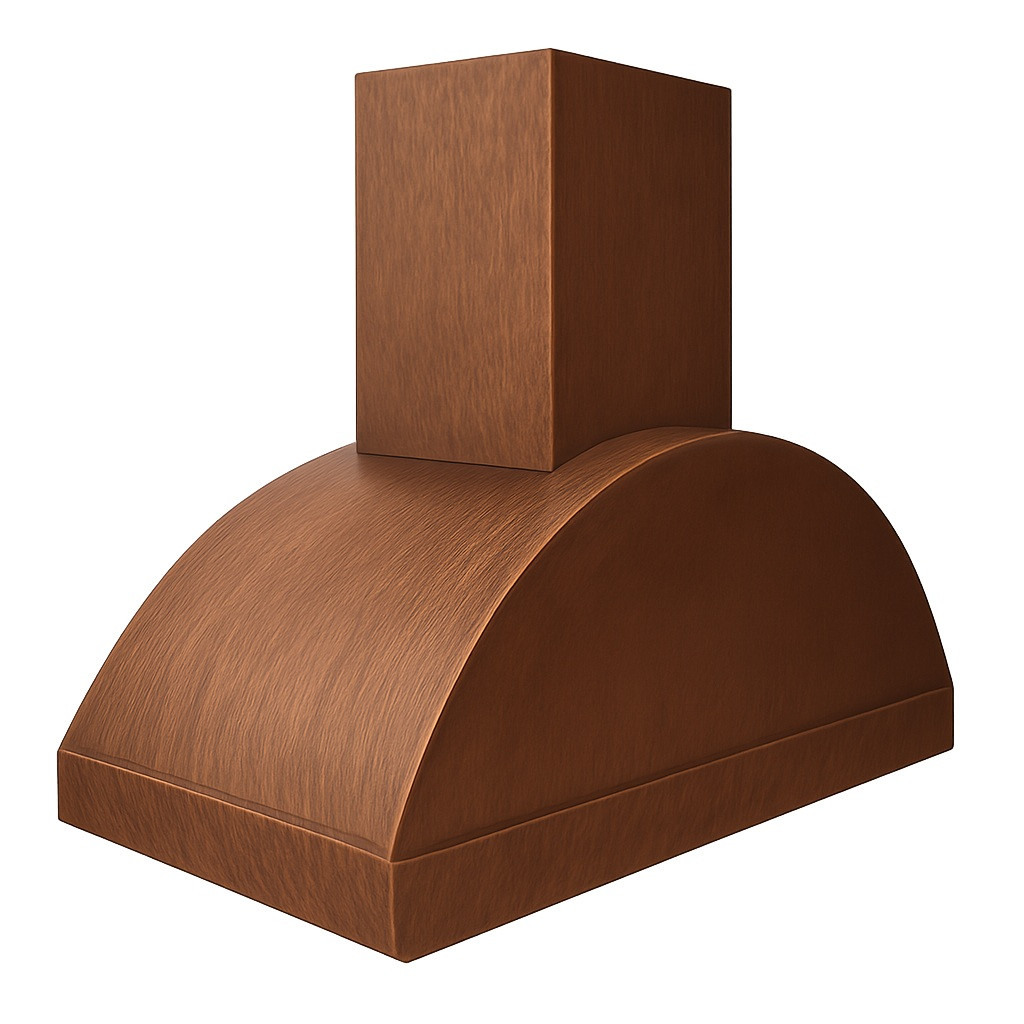 Handcrafted barrel copper range hood with squared chimney and artisan honey patina finish