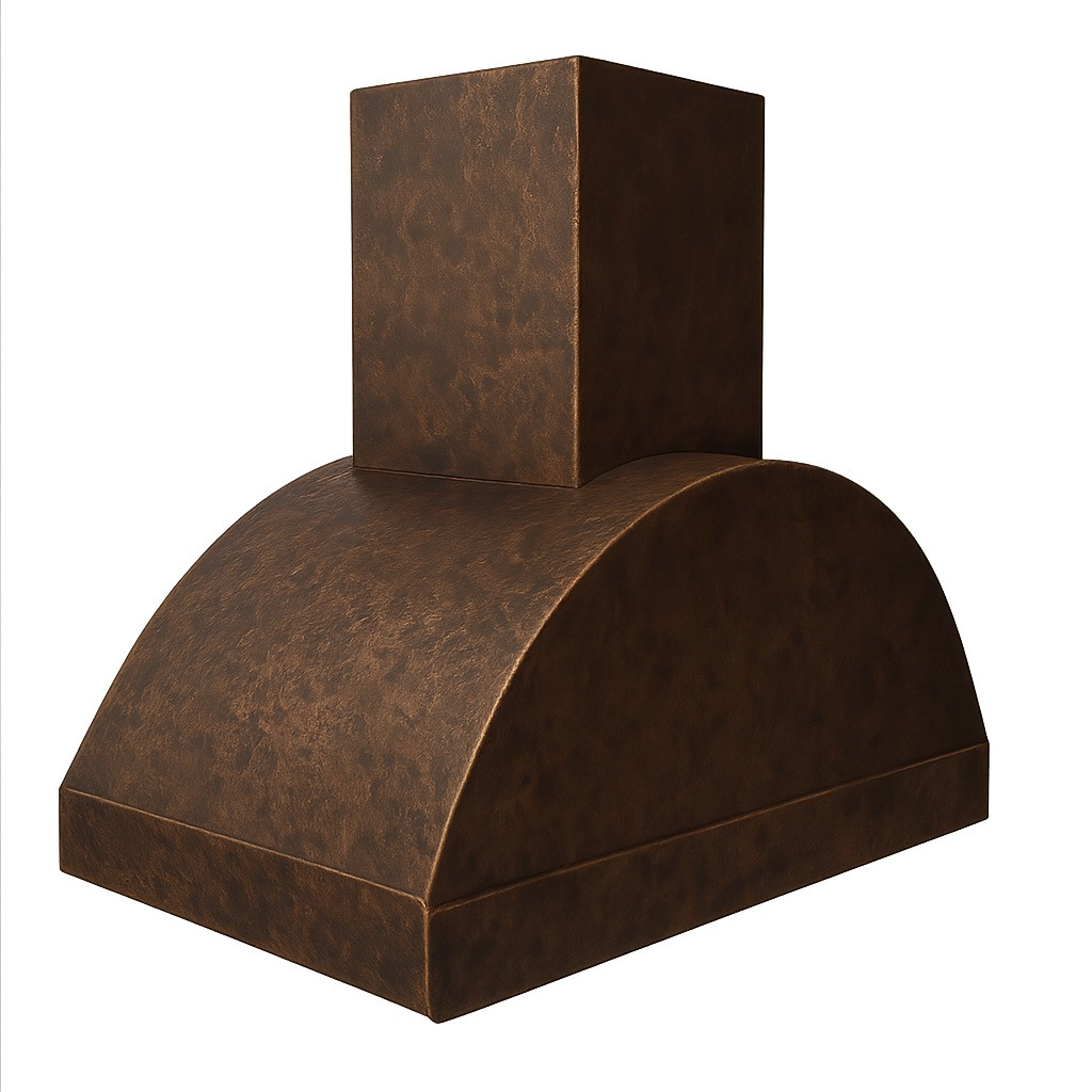 Barrel copper range hood with arched canopy and hammered texture and antique patina finish on white background