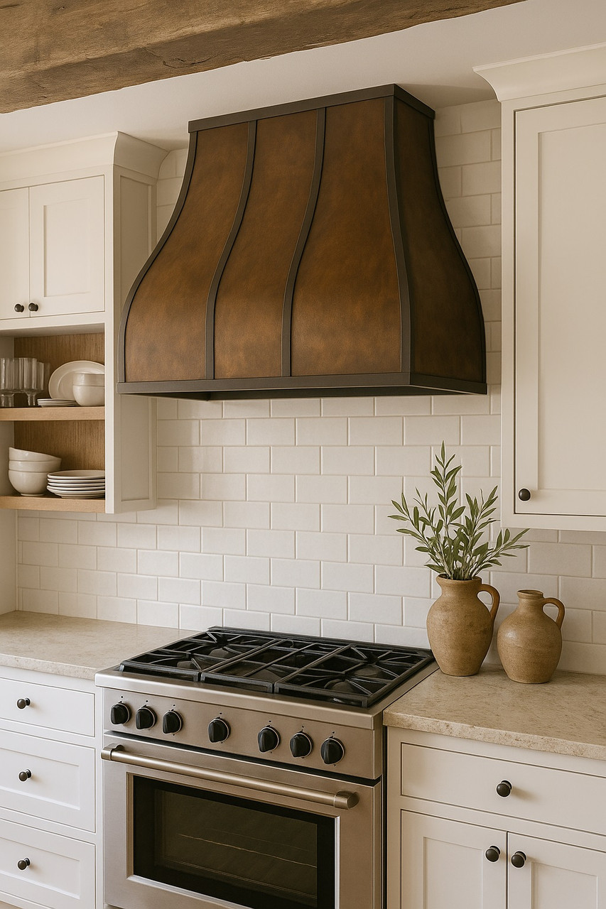Spanish Colonial hammered copper range hood in traditional suburban kitchen, warm patina canopy above classic cabinetry and stone backsplash
